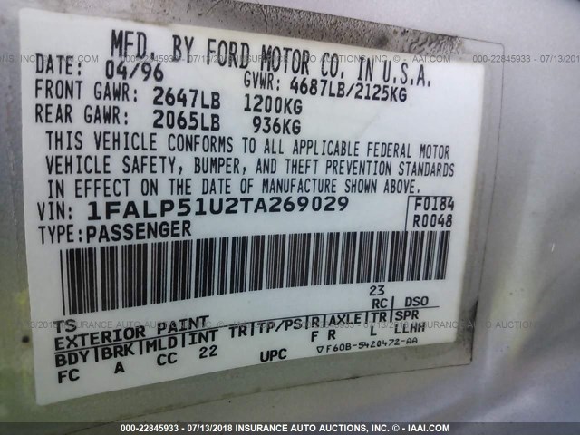 1FALP51U2TA269029 - 1996 FORD TAURUS G SILVER photo 9