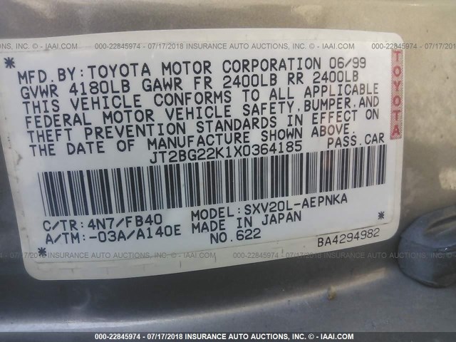 JT2BG22K1X0364185 - 1999 TOYOTA CAMRY LE/XLE 棕色 照片 9