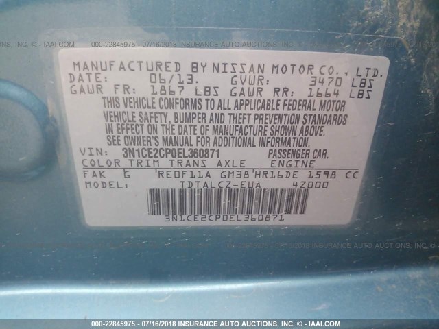 3N1CE2CP0EL360871 - 2014 NISSAN VERSA NOTE S/S PLUS/SV/SL BLUE photo 9