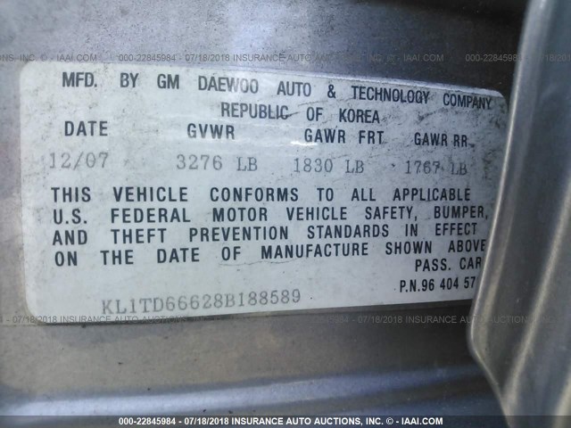 KL1TD66628B188589 - 2008 CHEVROLET AVEO LS 灰色 照片 9