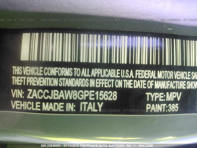 ZACCJBAW8GPE15628 - 2016 JEEP RENEGADE SPORT Բաց կապույտ լուսանկար 9