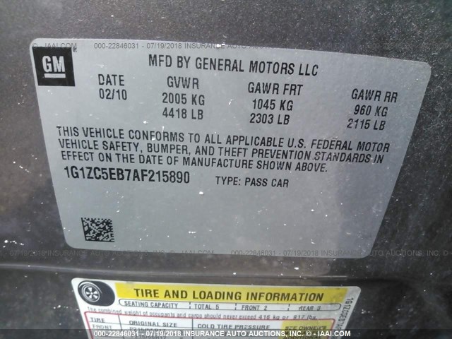 1G1ZC5EB7AF215890 - 2010 CHEVROLET MALIBU 1LT 灰色 照片 9