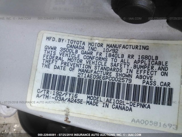 2T1AE09E6PC002579 - 1993 TOYOTA COROLLA LE/DX SILVER photo 9