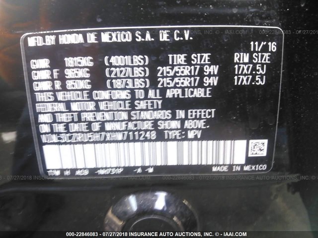 3CZRU5H7XHM711248 - 2017 HONDA HR-V EXL BLACK photo 9