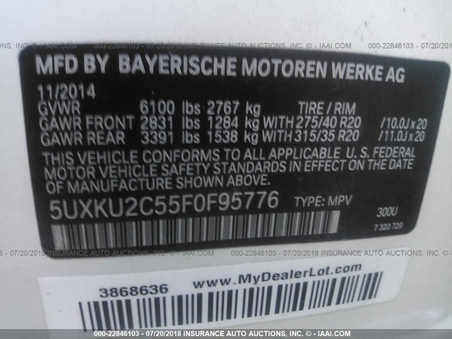 5UXKU2C55F0F95776 - 2015 BMW X6 XDRIVE35I WHITE photo 9