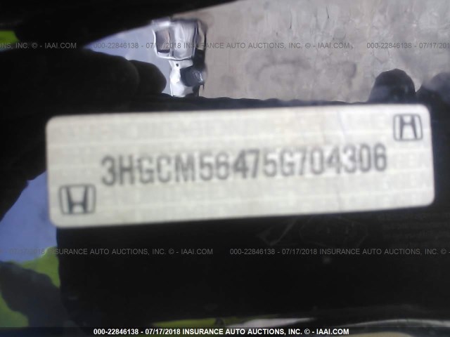 3HGCM56475G704306 - 2005 HONDA ACCORD LX Siyah fotoğraf 9