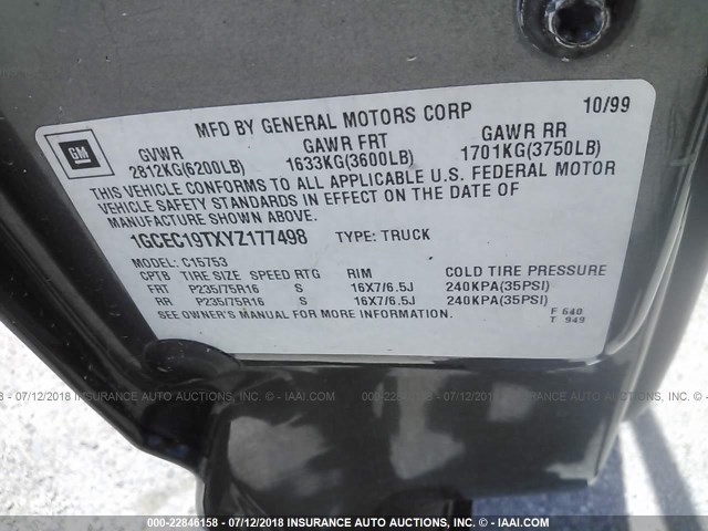 1GCEC19TXYZ177498 - 2000 CHEVROLET SILVERADO C1500 Boz foto 9