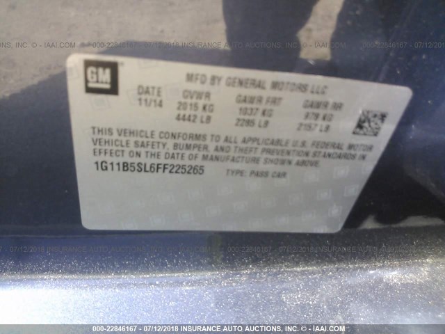 1G11B5SL6FF225265 - 2015 CHEVROLET MALIBU LS ღია ლურჯი ფოტო 9