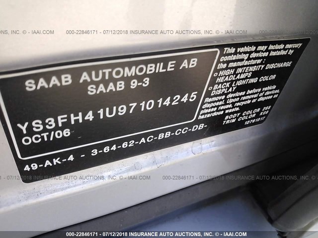 YS3FH41U971014245 - 2007 SAAB 9-3 AERO SILVER photo 9