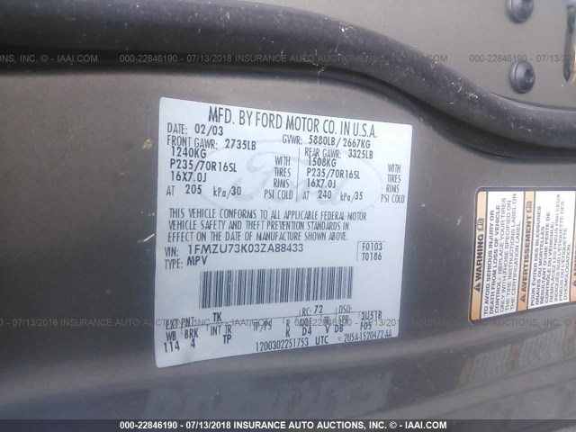 1FMZU73K03ZA88433 - 2003 FORD EXPLORER XLT/XLT SPORT/NBX 金色 照片 9