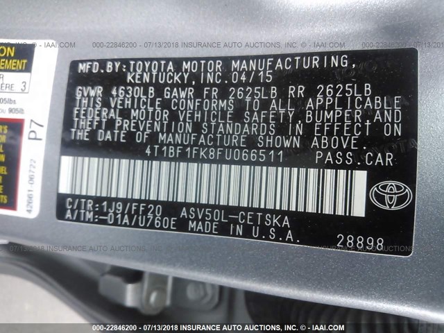 4T1BF1FK8FU066511 - 2015 TOYOTA CAMRY LE/XLE/SE/XSE GRAY photo 9