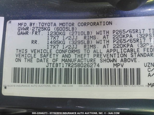 JTEBT17R258026274 - 2005 TOYOTA 4RUNNER LIMITED BLUE photo 9