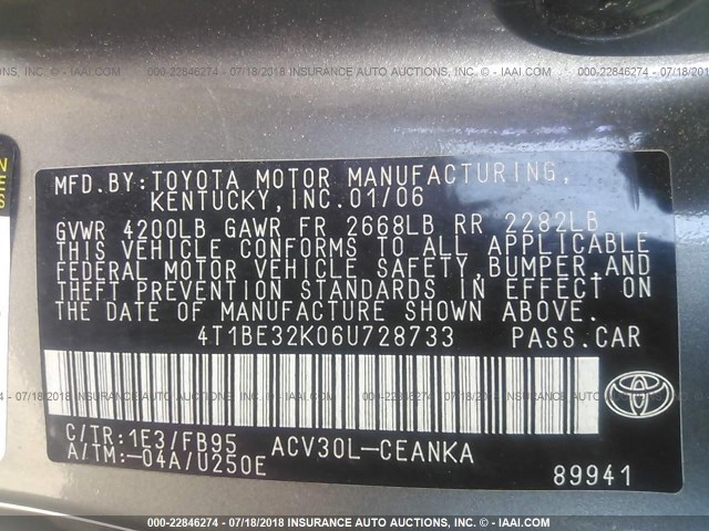 4T1BE32K06U728733 - 2006 TOYOTA CAMRY LE/XLE/SE 灰色 照片 9