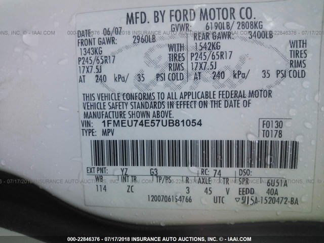 1FMEU74E57UB81054 - 2007 FORD EXPLORER EDDIE BAUER WHITE photo 9