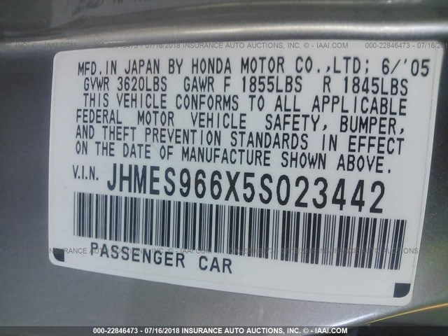 JHMES966X5S023442 - 2005 HONDA CIVIC HYBRID GRAY photo 9