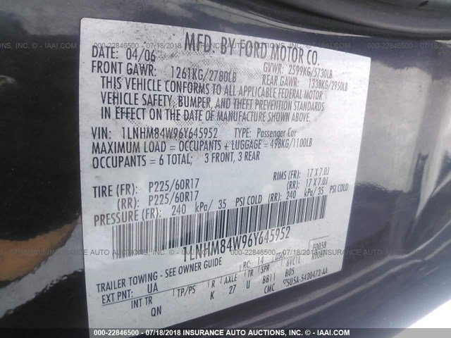 1LNHM84W96Y645952 - 2006 LINCOLN TOWN CAR EXECUTIVE L BLACK photo 9