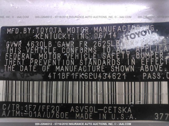 4T1BF1FK6EU434621 - 2014 TOYOTA CAMRY L/SE/LE/XLE 银色 照片 9