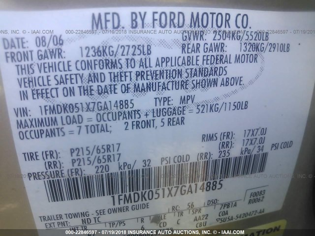 1FMDK051X7GA14885 - 2007 FORD FREESTYLE SEL GOLD photo 9