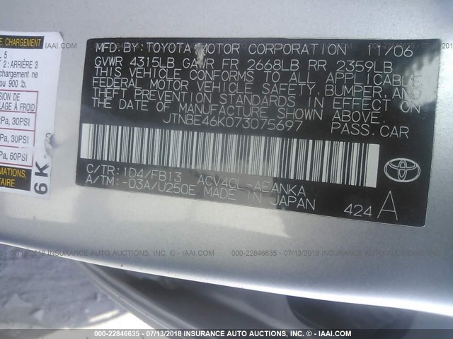 JTNBE46K073075697 - 2007 TOYOTA CAMRY NEW GENERAT CE/LE/XLE/SE SILVER photo 9