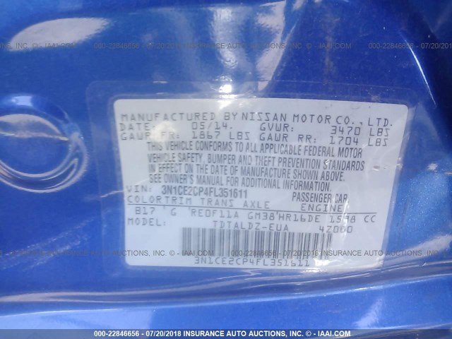 3N1CE2CP4FL351611 - 2015 NISSAN VERSA NOTE S/S PLUS/SV/SL/SR BLUE photo 9
