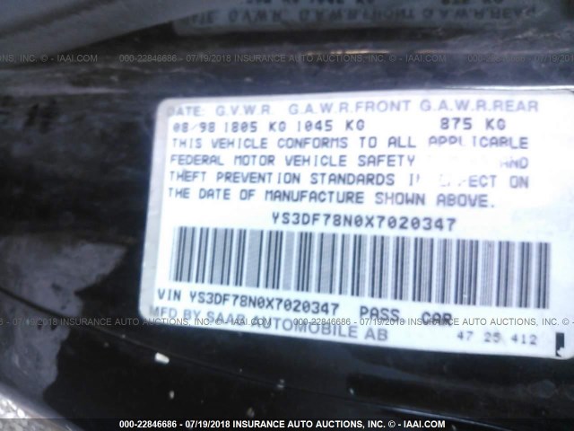 YS3DF78N0X7020347 - 1999 SAAB 9-3 SE BLACK photo 9