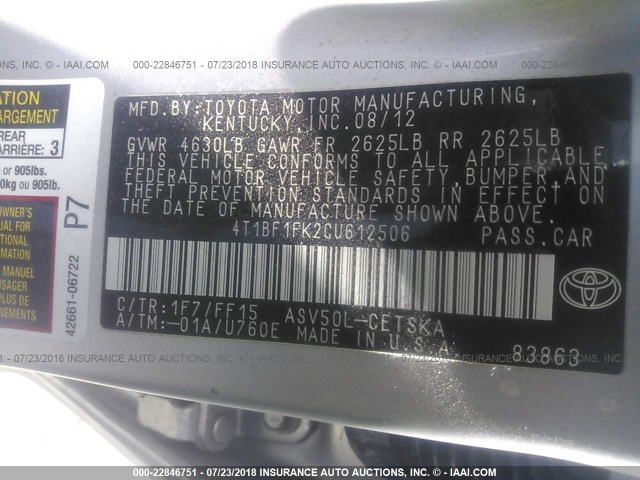 4T1BF1FK2CU612506 - 2012 TOYOTA CAMRY SE/LE/XLE ვერცხლისფერი ფოტო 9