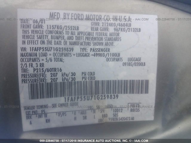 1FAFP55U71G259839 - 2001 FORD TAURUS SES Pewter photo 9