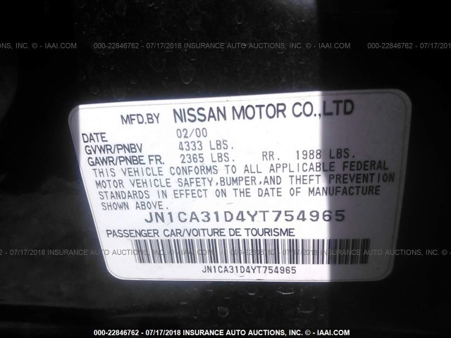 JN1CA31D4YT754965 - 2000 NISSAN MAXIMA GLE/GXE/SE BLACK photo 9