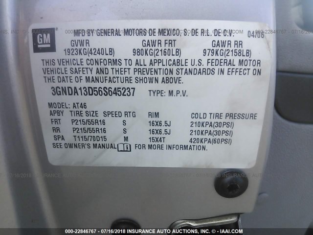 3GNDA13D56S645237 - 2006 CHEVROLET HHR LS ვერცხლისფერი ფოტო 9