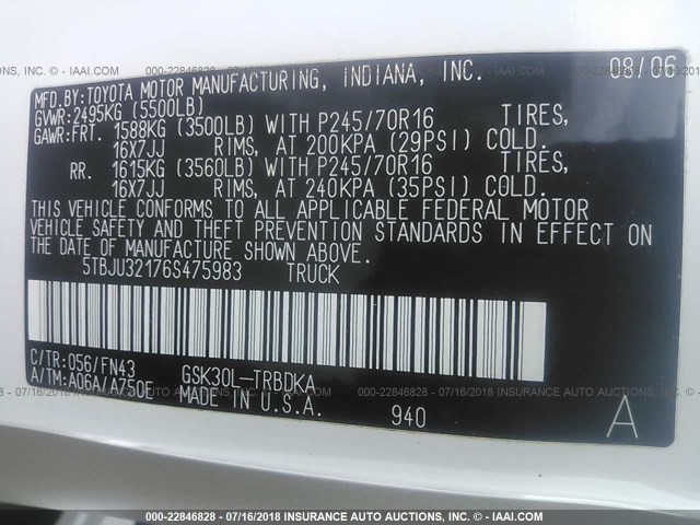 5TBJU32176S475983 - 2006 TOYOTA TUNDRA 白色 照片 9