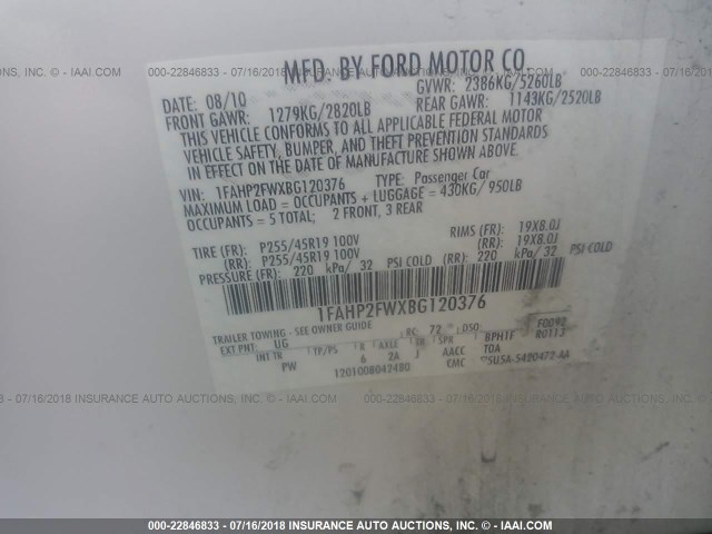 1FAHP2FWXBG120376 - 2011 FORD TAURUS LIMITED WHITE photo 9