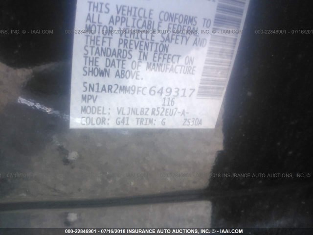 5N1AR2MM9FC649317 - 2015 NISSAN PATHFINDER S/SV/SL/PLATINUM BLACK photo 9