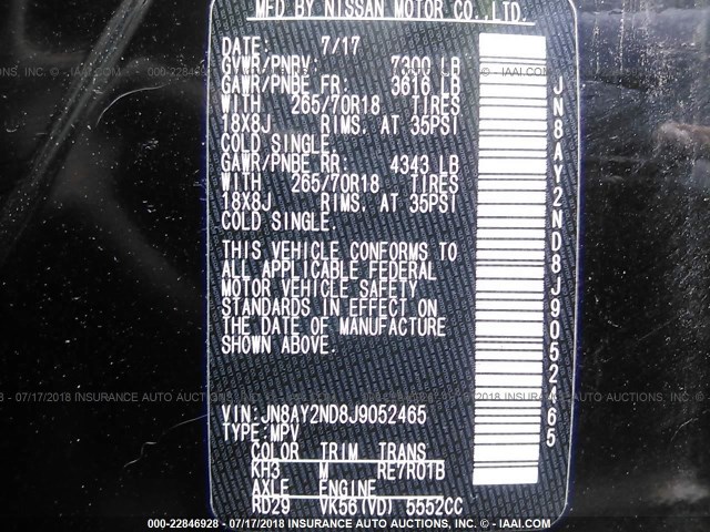 JN8AY2ND8J9052465 - 2018 NISSAN ARMADA SV/SL/PLATINUM 黑色 照片 9