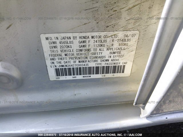 JHMCN36427C003435 - 2007 HONDA ACCORD HYBRID SILVER photo 9