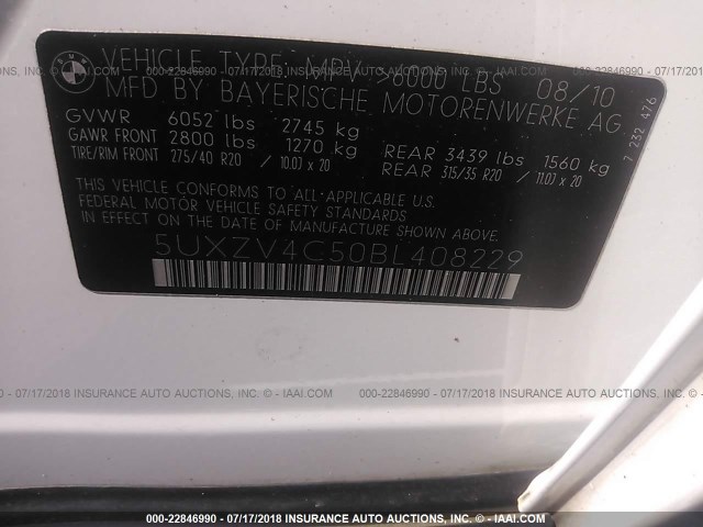 5UXZV4C50BL408229 - 2011 BMW X5 XDRIVE35I WHITE photo 9