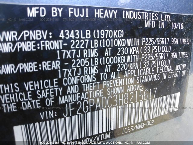 JF2GPADC3H8215617 - 2017 SUBARU CROSSTREK PREMIUM Көк фото 9