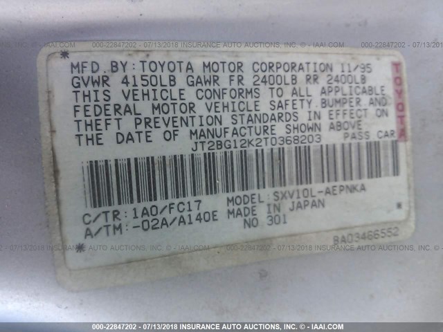 JT2BG12K2T0368203 - 1996 TOYOTA CAMRY DX/LE/XLE BLUE photo 9