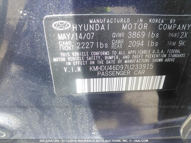 KMHDU46D97U233915 - 2007 HYUNDAI ELANTRA GLS/SE/LIMITED BLUE photo 9