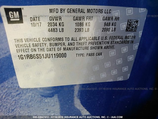 1G1RB6S51JU119000 - 2018 CHEVROLET VOLT PREMIER BLUE photo 9