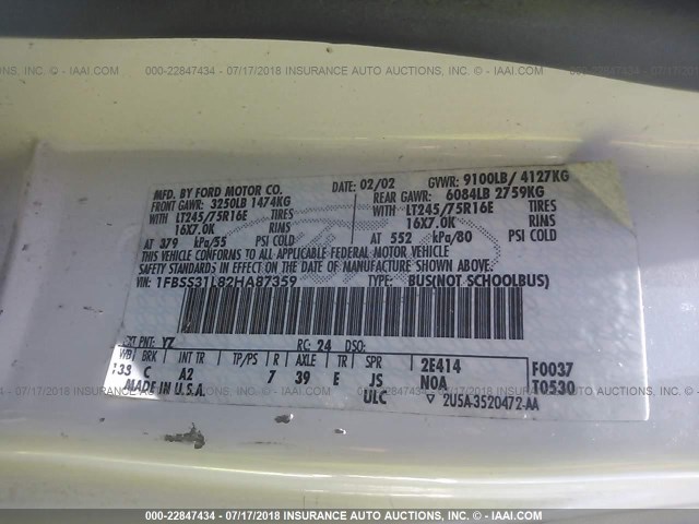 1FBSS31L82HA87359 - 2002 FORD ECONOLINE E350 SUPER DUTY WAGON WHITE photo 9