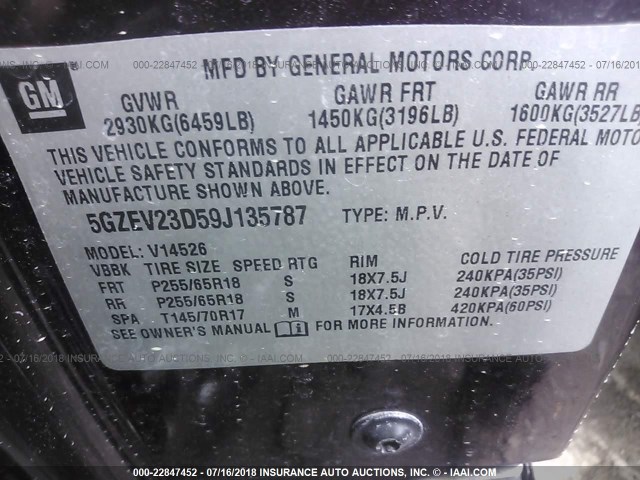 5GZEV23D59J135787 - 2009 SATURN OUTLOOK XR იასამნისფერი ფოტო 9