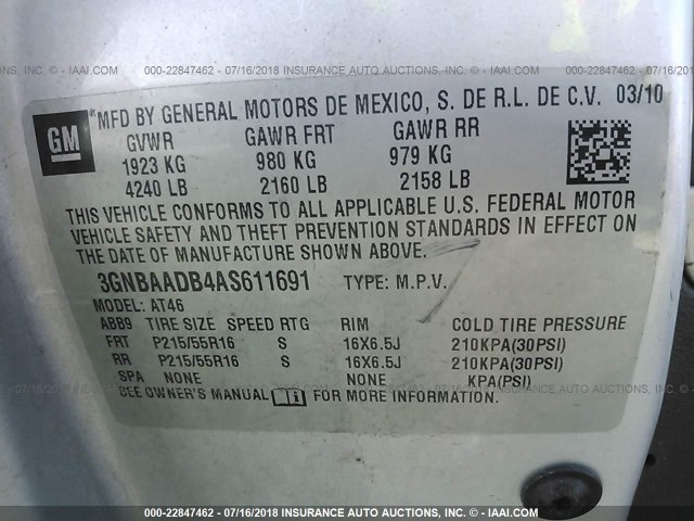 3GNBAADB4AS611691 - 2010 CHEVROLET HHR LS SILVER photo 9