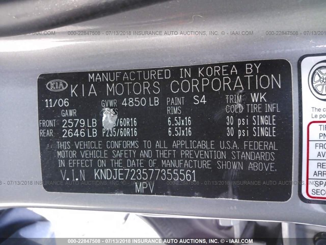 KNDJE723577355561 - 2007 KIA SPORTAGE EX/LX GRAY photo 9