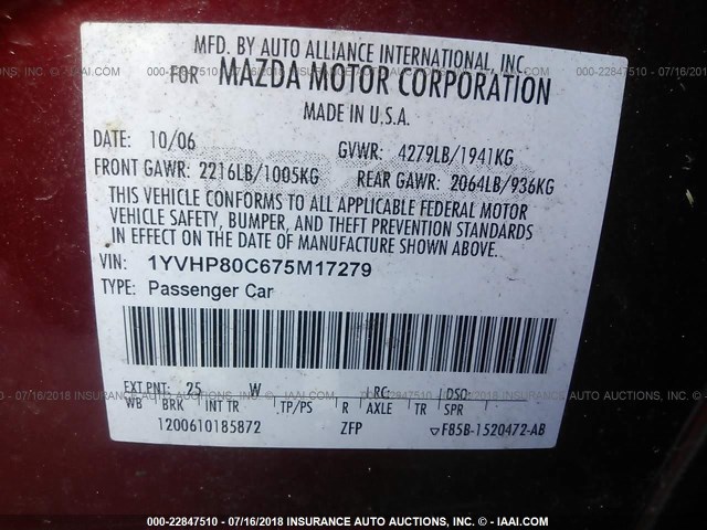 1YVHP80C675M17279 - 2007 MAZDA 6 I أحمر صورة 9