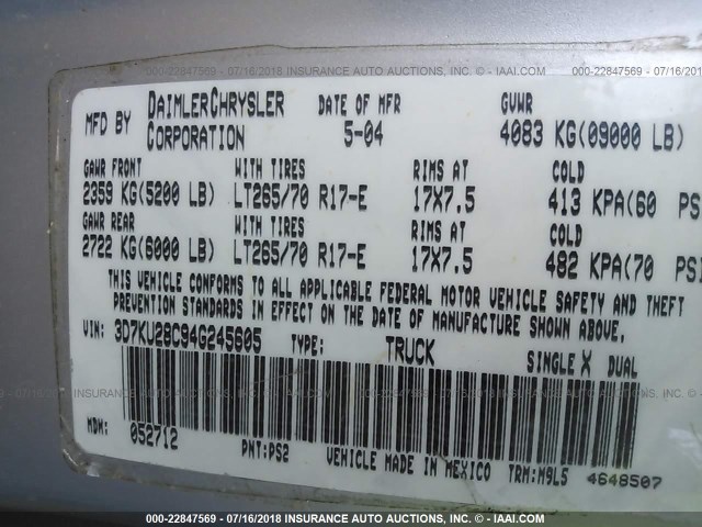 3D7KU28C94G245605 - 2004 DODGE RAM 2500 ST/SLT 银色 照片 9