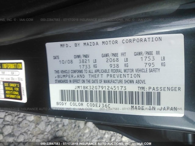 JM1BK32G791245173 - 2009 MAZDA 3 I GRAY photo 9