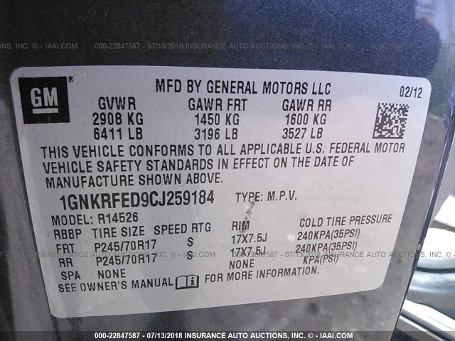 1GNKRFED9CJ259184 - 2012 CHEVROLET TRAVERSE LS GRAY photo 9