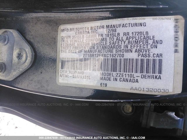 2T1BR12E6XC162700 - 1999 TOYOTA COROLLA VE/CE/LE 青色 照片 9