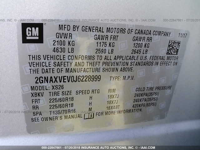 2GNAXVEV0J6228999 - 2018 CHEVROLET EQUINOX PREMIER SILVER photo 9