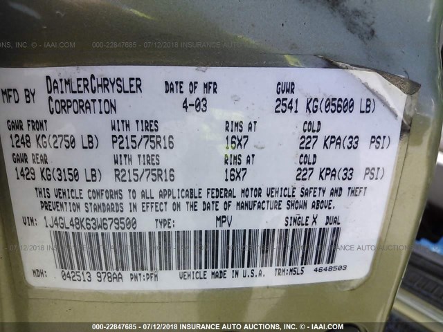 1J4GL48K63W679500 - 2003 JEEP LIBERTY SPORT/FREEDOM მწვანე ფოტო 9